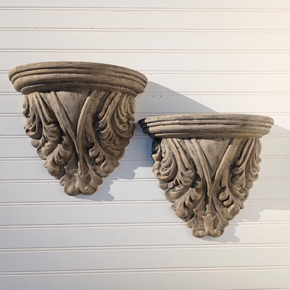Orleans Ornamental Shelf Wall Sconce with Antique Finish Feather Detail Vtg Pair - Picture 1 of 14